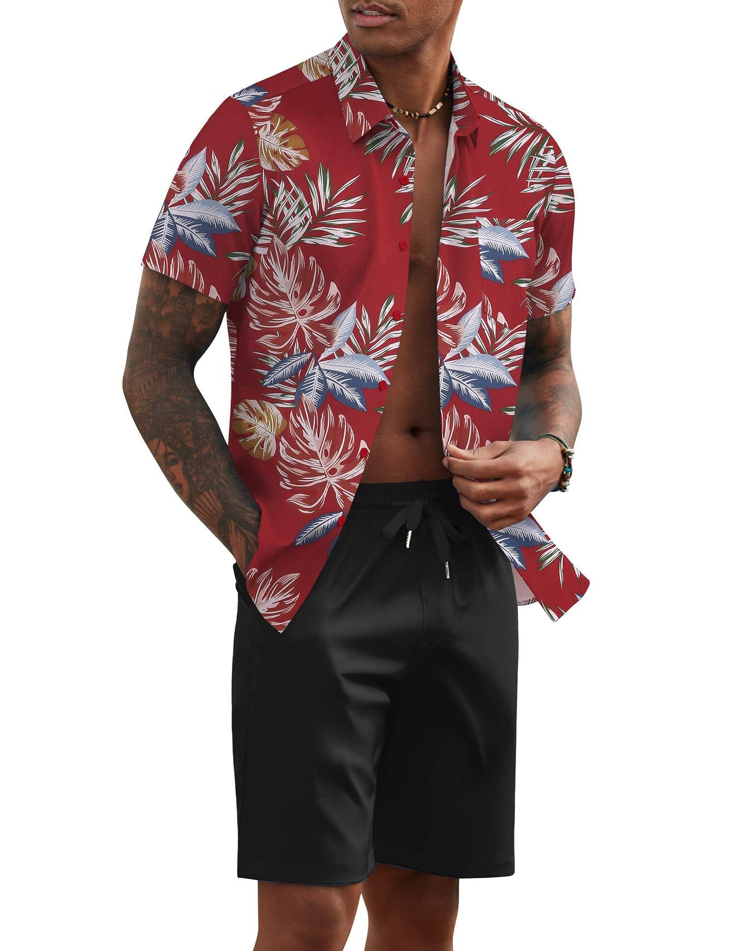 COOFANDY Men's 2 Piece Summer Beach Outfits Tropical Short Sleeve Button Down Shirts and Shorts Hawaiian Vacation Sets