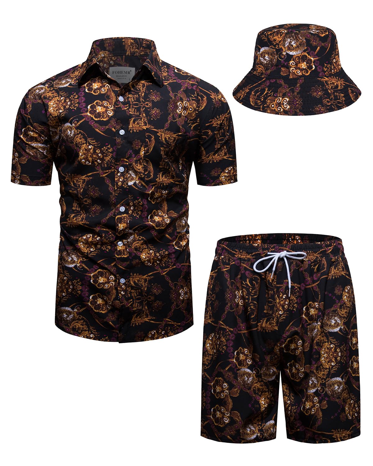 Mens Luxury Outfit Set Black Gold Shirts and Shorts 2 Piece Tracksuit Set Baroque Button Down Suit with Bucket Hats