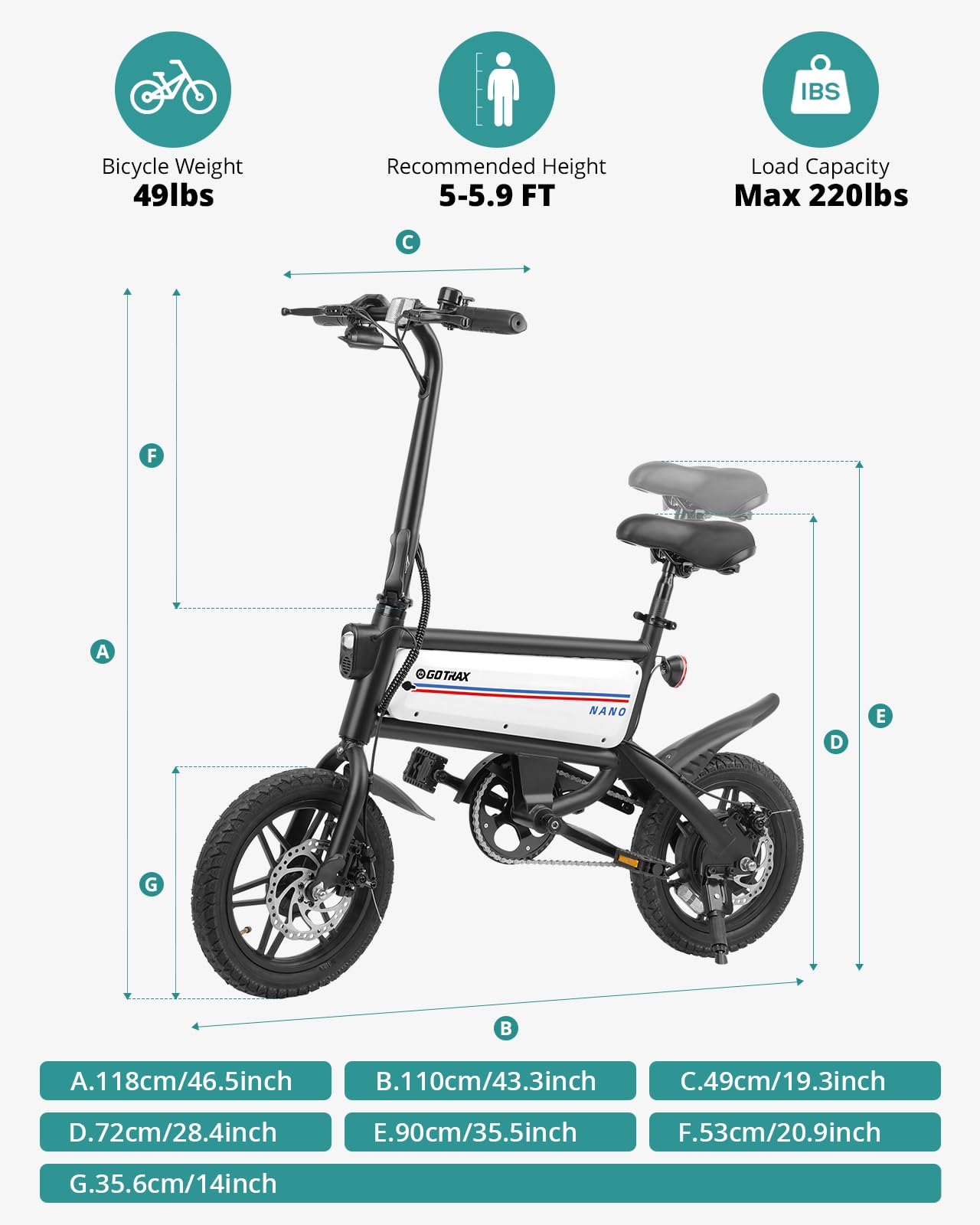 Gotrax Nano 14" Electric Bike, Max Range 25Miles(Pedal-Assist)&Max Speed 15.5Mph, 350W Folding E-Bike with Removable Battery, Adjustable Seat & Dual Mudguards, Commuter Electric Bicycle for Ages 13+