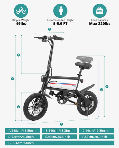 Gotrax Nano 14" Electric Bike, Max Range 25Miles(Pedal-Assist)&Max Speed 15.5Mph, 350W Folding E-Bike with Removable Battery, Adjustable Seat & Dual Mudguards, Commuter Electric Bicycle for Ages 13+