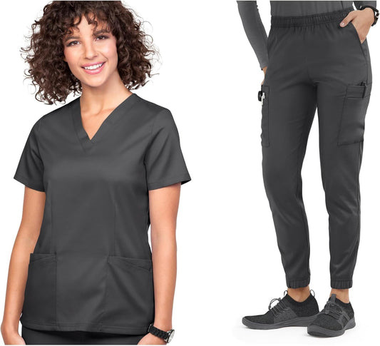Women's 11-Pocket Scrub Set (XS-3X, 6 Colors) - V-Neck Top & Jogger Pant for Healthcare Professionals