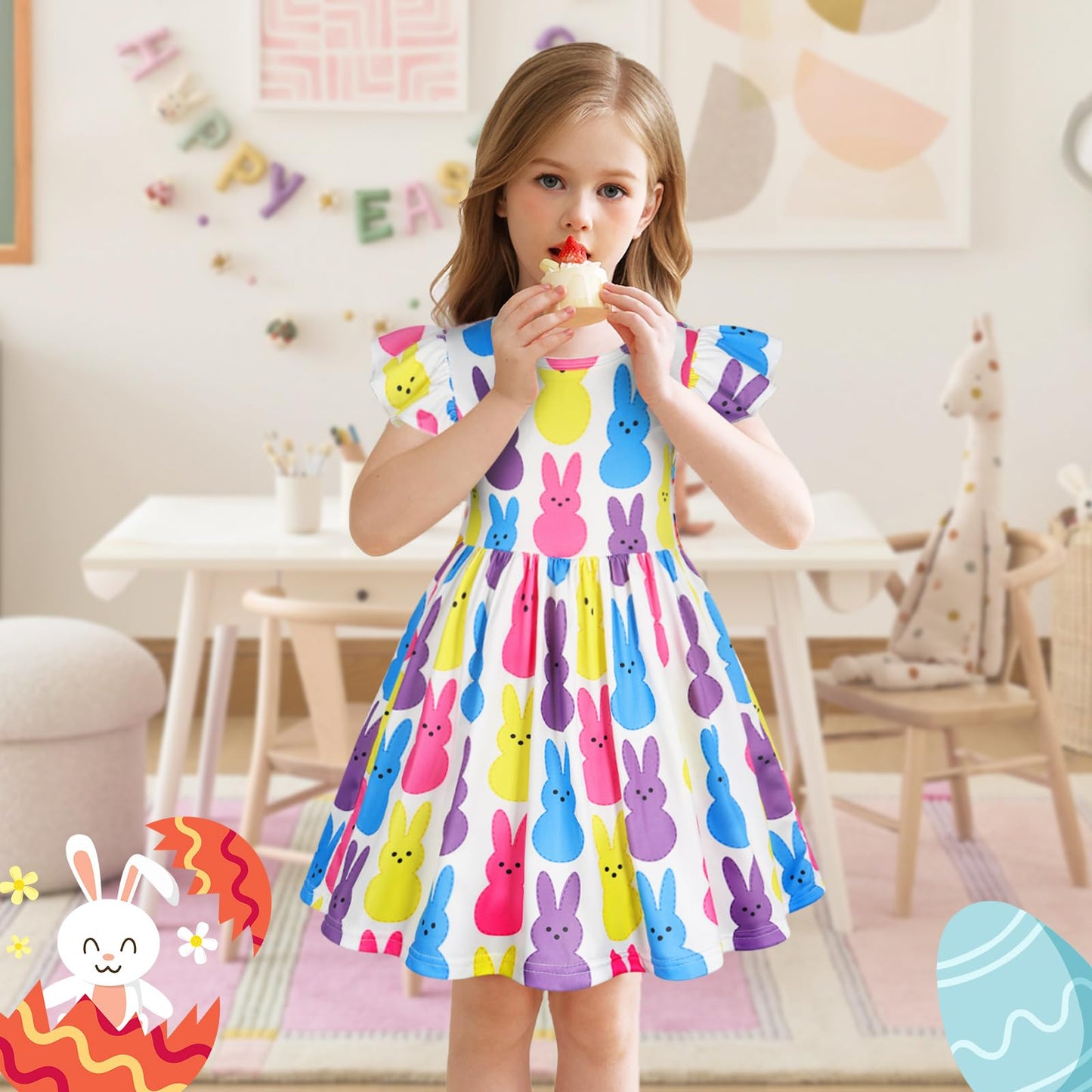 WonderBabe Easter Dresses for Girls Toddler Flutter Sleeve Easter Dress Casual Party School Dresses Clothes for Kids