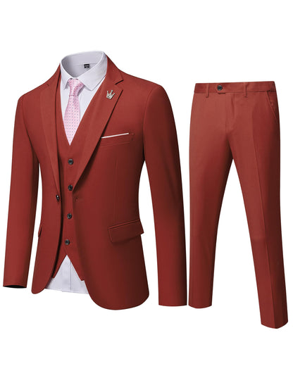 Hihawk Men's 3 Piece Suit with Stretch Fabric, Solid Slim Fit One Button Suit Blazer Set, Jacket Vest Pants with Tie.