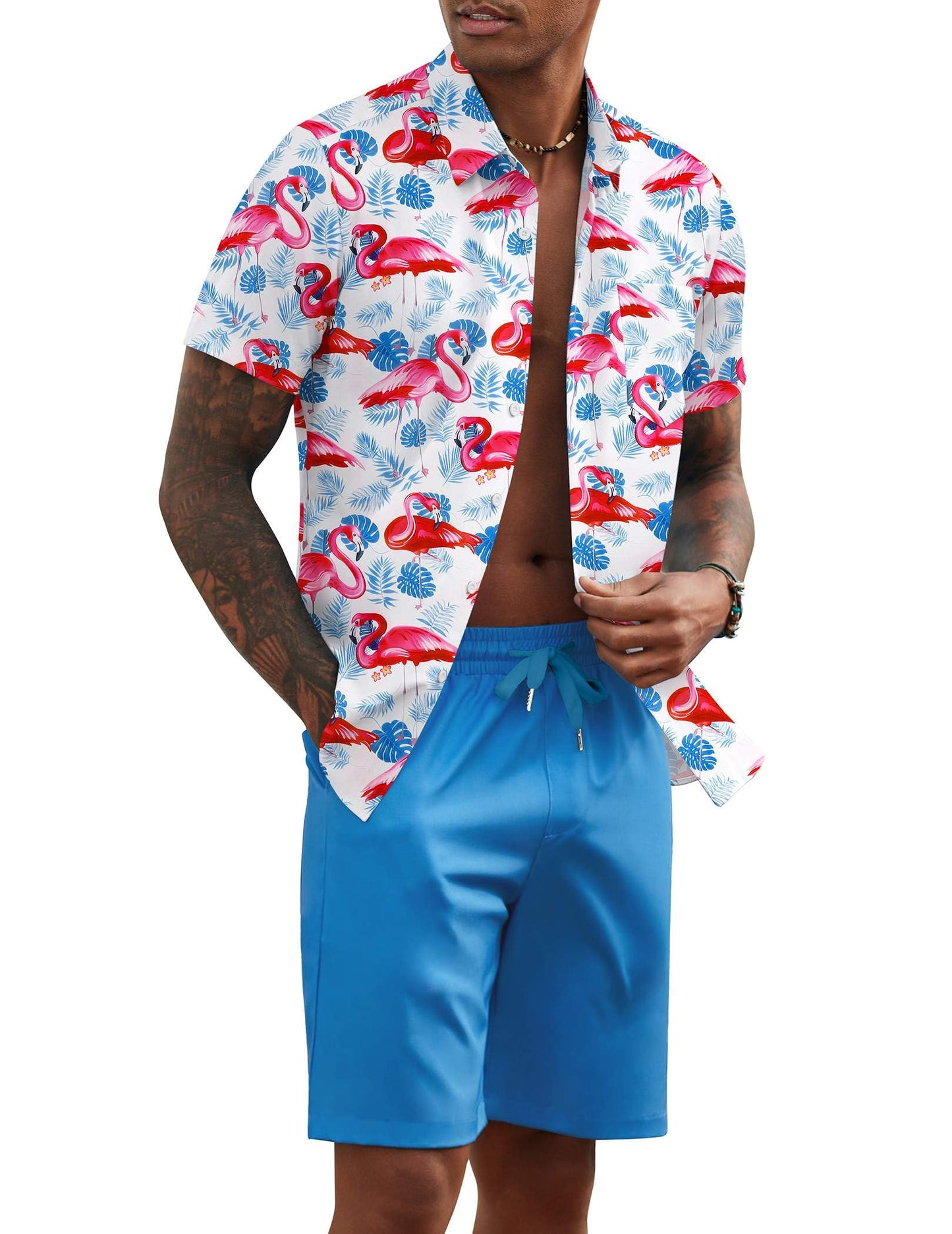 COOFANDY Men's 2 Piece Summer Beach Outfits Tropical Short Sleeve Button Down Shirts and Shorts Hawaiian Vacation Sets