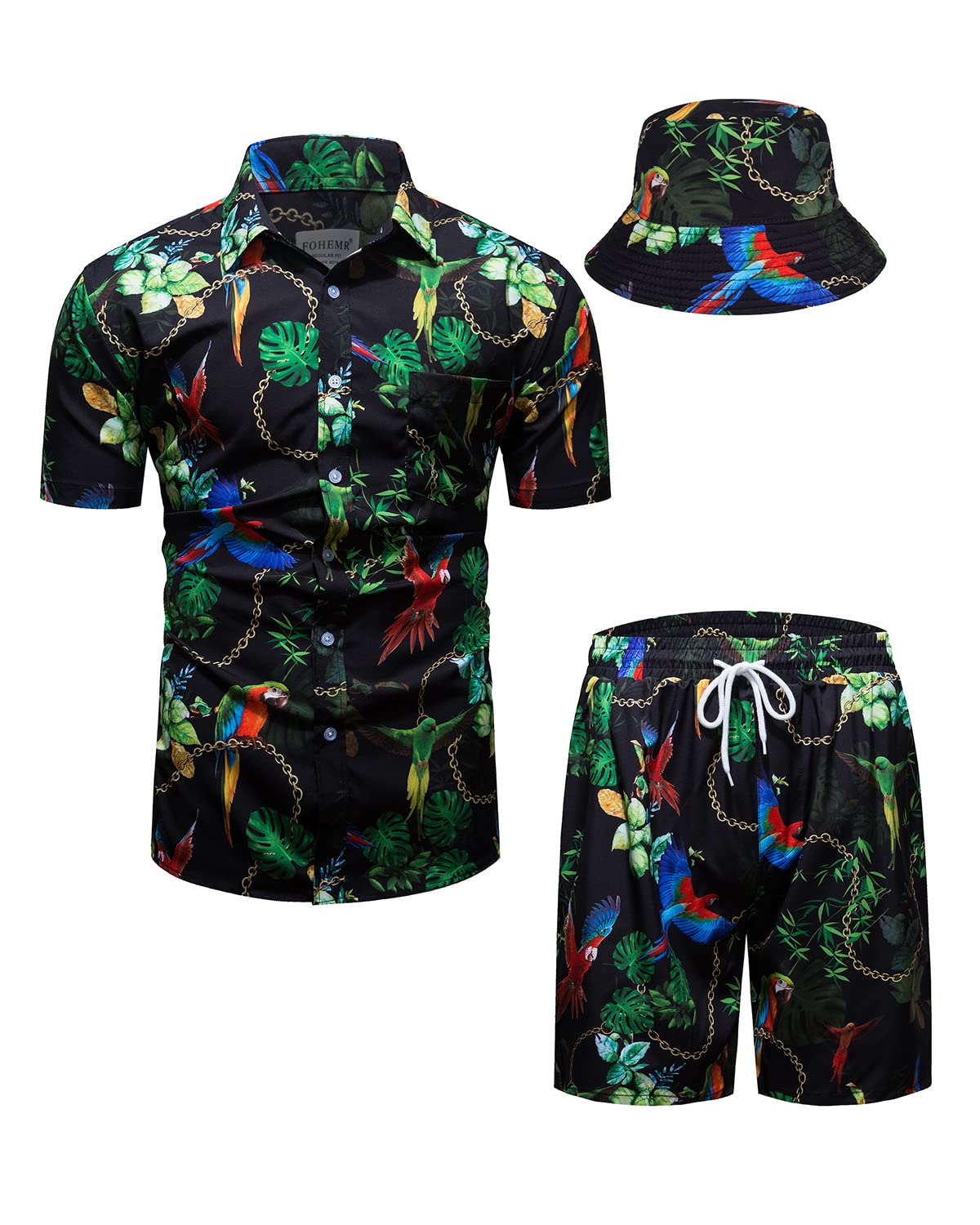 Mens Luxury Outfit Set Black Gold Shirts and Shorts 2 Piece Tracksuit Set Baroque Button Down Suit with Bucket Hats