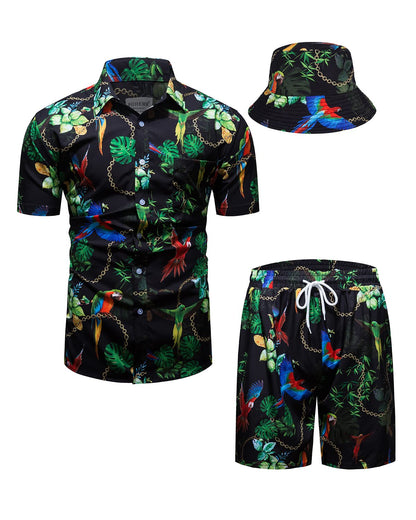 Mens Luxury Outfit Set Black Gold Shirts and Shorts 2 Piece Tracksuit Set Baroque Button Down Suit with Bucket Hats
