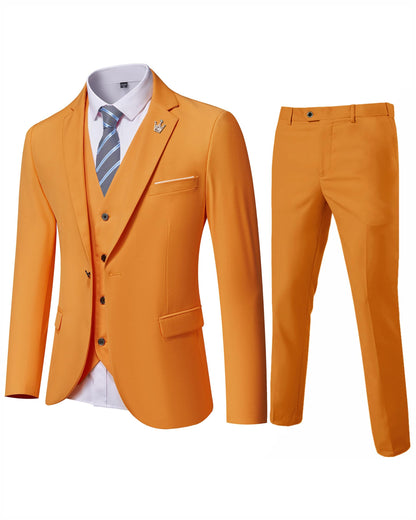 Hihawk Men's 3 Piece Suit with Stretch Fabric, Solid Slim Fit One Button Suit Blazer Set, Jacket Vest Pants with Tie.