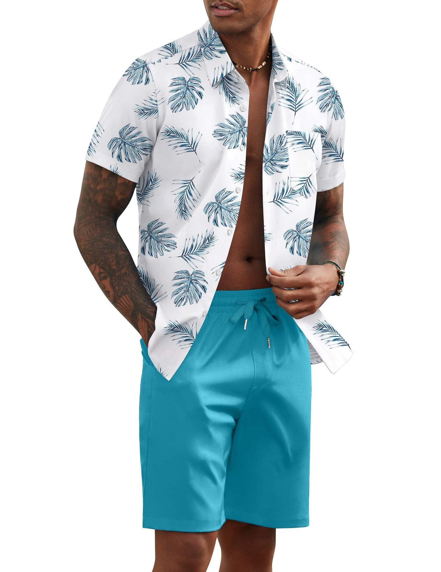 COOFANDY Men's 2 Piece Summer Beach Outfits Tropical Short Sleeve Button Down Shirts and Shorts Hawaiian Vacation Sets