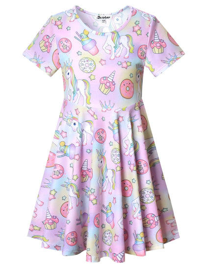Unicorn Dresses for Girls Summer Swing Short Sleeve Casual Clothes for Kids