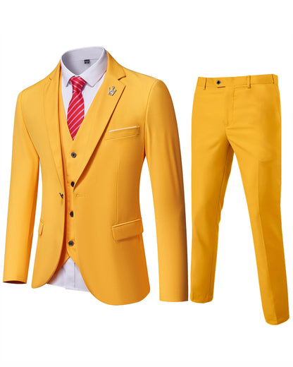 Hihawk Men's 3 Piece Suit with Stretch Fabric, Solid Slim Fit One Button Suit Blazer Set, Jacket Vest Pants with Tie.