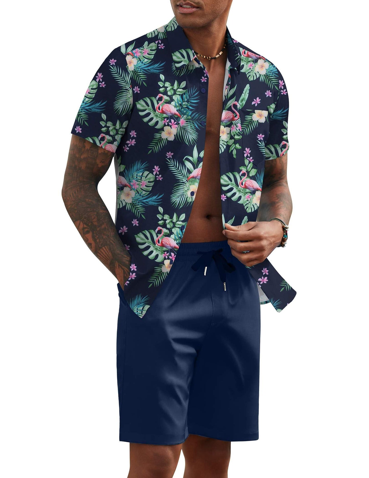 COOFANDY Men's 2 Piece Summer Beach Outfits Tropical Short Sleeve Button Down Shirts and Shorts Hawaiian Vacation Sets