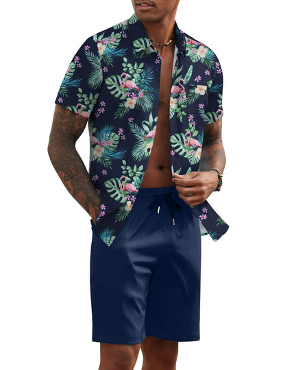 COOFANDY Men's 2 Piece Summer Beach Outfits Tropical Short Sleeve Button Down Shirts and Shorts Hawaiian Vacation Sets