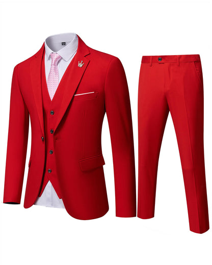 Hihawk Men's 3 Piece Suit with Stretch Fabric, Solid Slim Fit One Button Suit Blazer Set, Jacket Vest Pants with Tie.