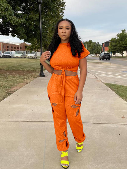 Women 2 Piece Outfits Set Casual Crop Top Shirt Hollowed Out Sweatpants Women Fashion Tracksuit