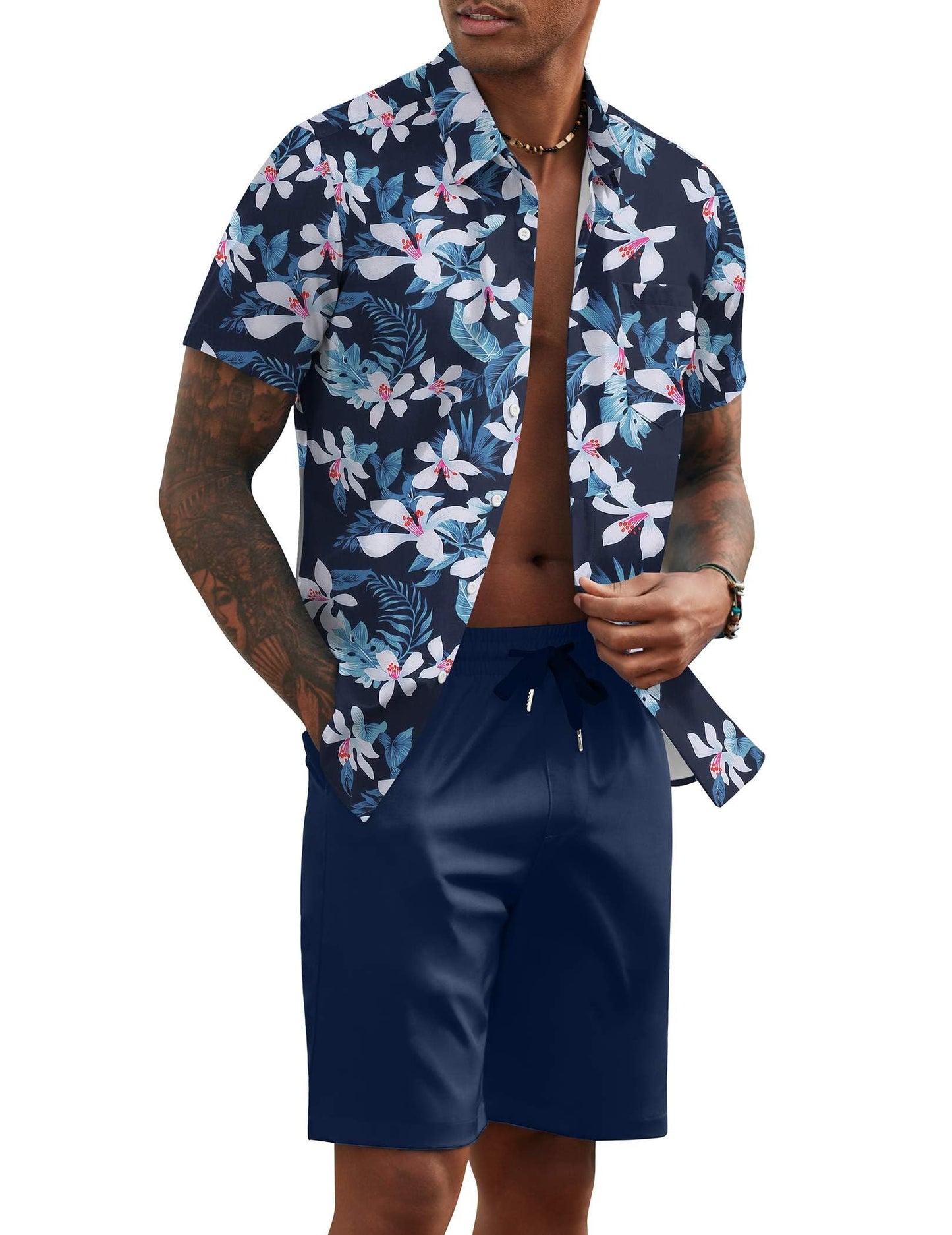COOFANDY Men's 2 Piece Summer Beach Outfits Tropical Short Sleeve Button Down Shirts and Shorts Hawaiian Vacation Sets
