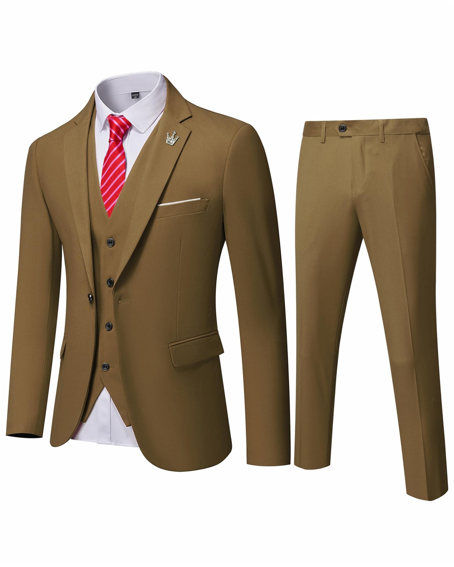 Hihawk Men's 3 Piece Suit with Stretch Fabric, Solid Slim Fit One Button Suit Blazer Set, Jacket Vest Pants with Tie.