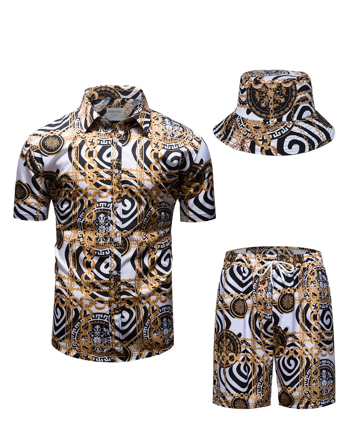 Mens Luxury Outfit Set Black Gold Shirts and Shorts 2 Piece Tracksuit Set Baroque Button Down Suit with Bucket Hats