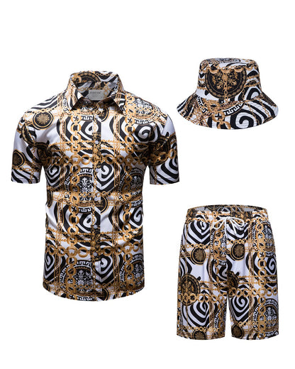 Mens Luxury Outfit Set Black Gold Shirts and Shorts 2 Piece Tracksuit Set Baroque Button Down Suit with Bucket Hats