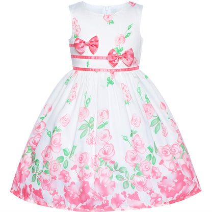 Sunny Fashion Girls Dress Rose Flower Double Bow Tie Party Sundress