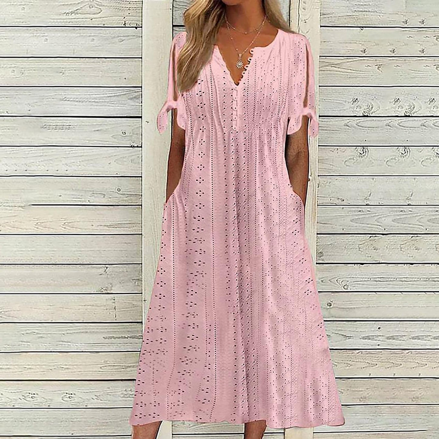 Maxi Long Dresses for Women 2025 Trendy Short Sleeve Eyelet Tshirt Dress Casual Summer Beach Vacation Sundress