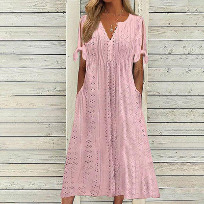 Maxi Long Dresses for Women 2025 Trendy Short Sleeve Eyelet Tshirt Dress Casual Summer Beach Vacation Sundress