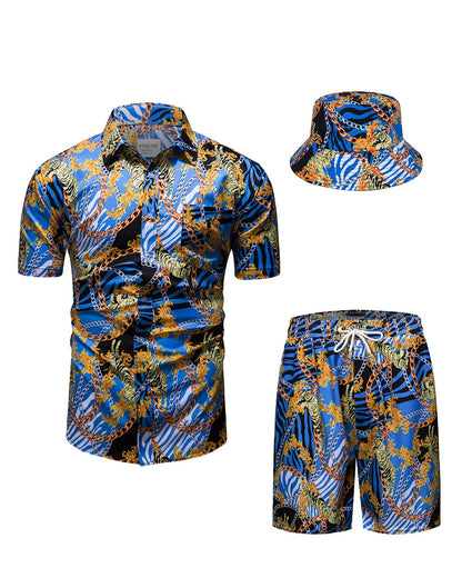 Mens Luxury Outfit Set Black Gold Shirts and Shorts 2 Piece Tracksuit Set Baroque Button Down Suit with Bucket Hats