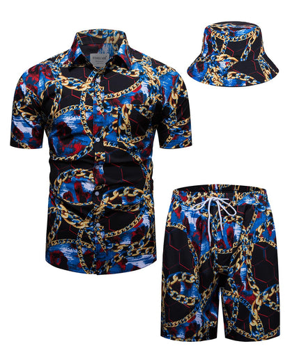 Mens Luxury Outfit Set Black Gold Shirts and Shorts 2 Piece Tracksuit Set Baroque Button Down Suit with Bucket Hats