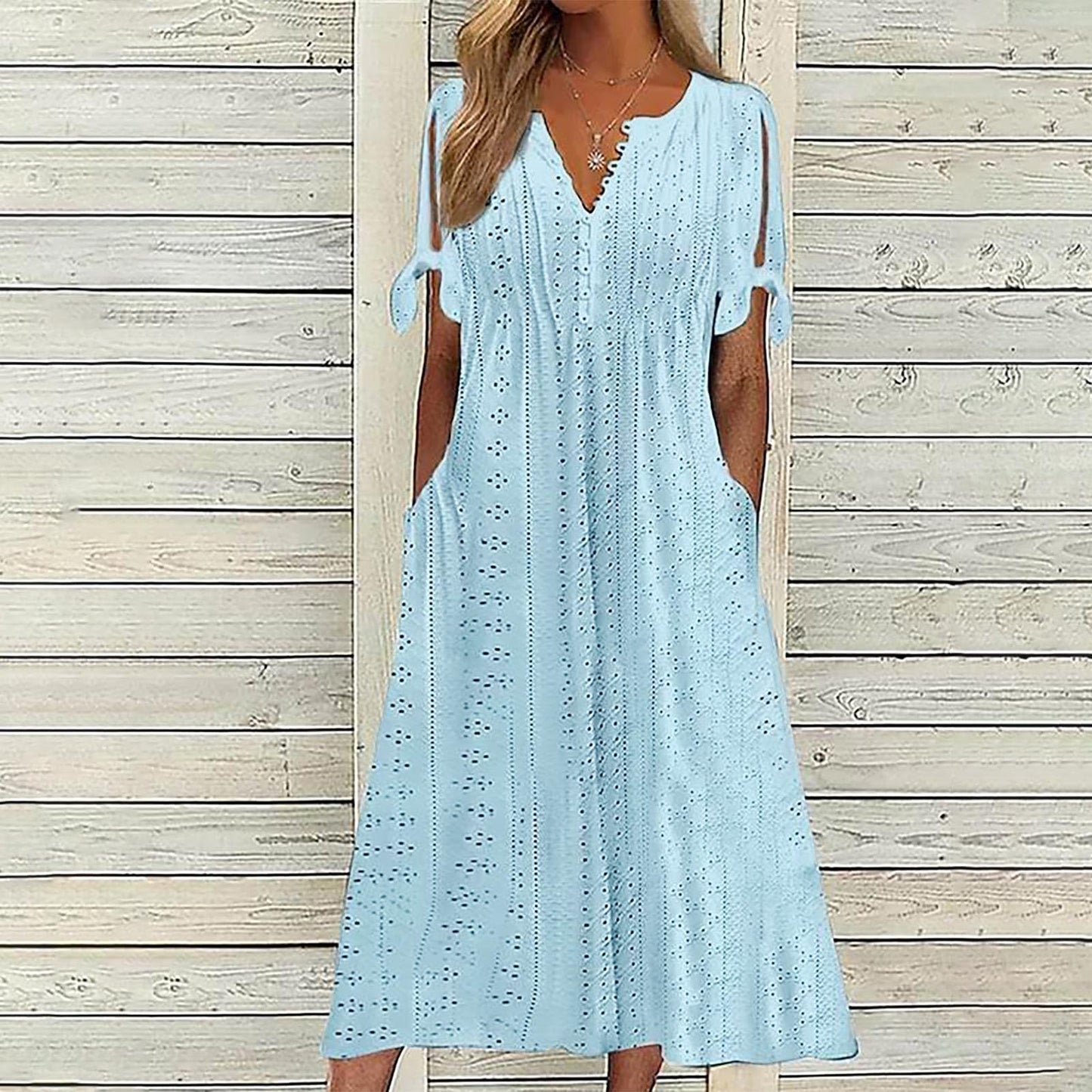 Maxi Long Dresses for Women 2025 Trendy Short Sleeve Eyelet Tshirt Dress Casual Summer Beach Vacation Sundress