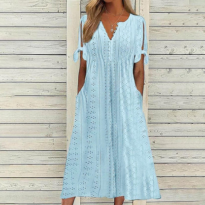 Maxi Long Dresses for Women 2025 Trendy Short Sleeve Eyelet Tshirt Dress Casual Summer Beach Vacation Sundress