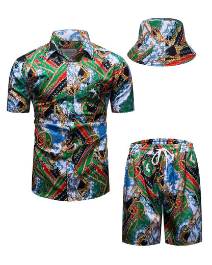 Mens Luxury Outfit Set Black Gold Shirts and Shorts 2 Piece Tracksuit Set Baroque Button Down Suit with Bucket Hats