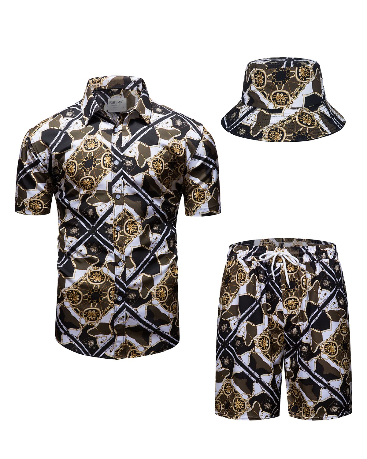 Mens Luxury Outfit Set Black Gold Shirts and Shorts 2 Piece Tracksuit Set Baroque Button Down Suit with Bucket Hats