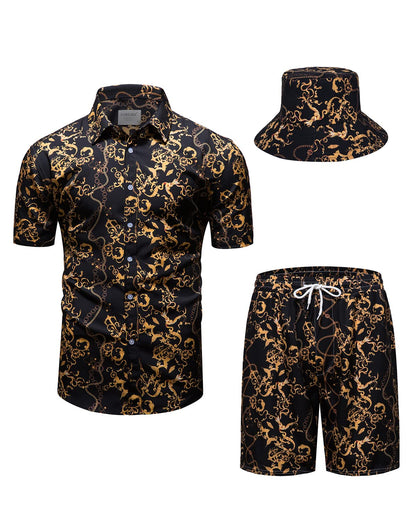 Mens Luxury Outfit Set Black Gold Shirts and Shorts 2 Piece Tracksuit Set Baroque Button Down Suit with Bucket Hats