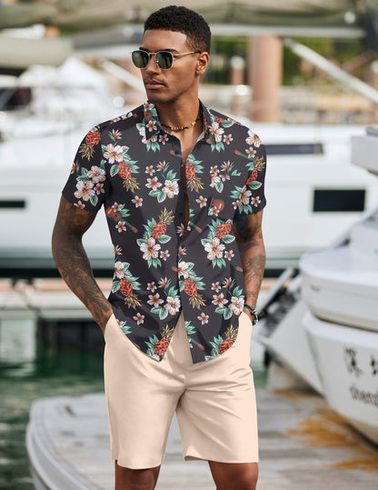 COOFANDY Men's 2 Piece Summer Beach Outfits Tropical Short Sleeve Button Down Shirts and Shorts Hawaiian Vacation Sets