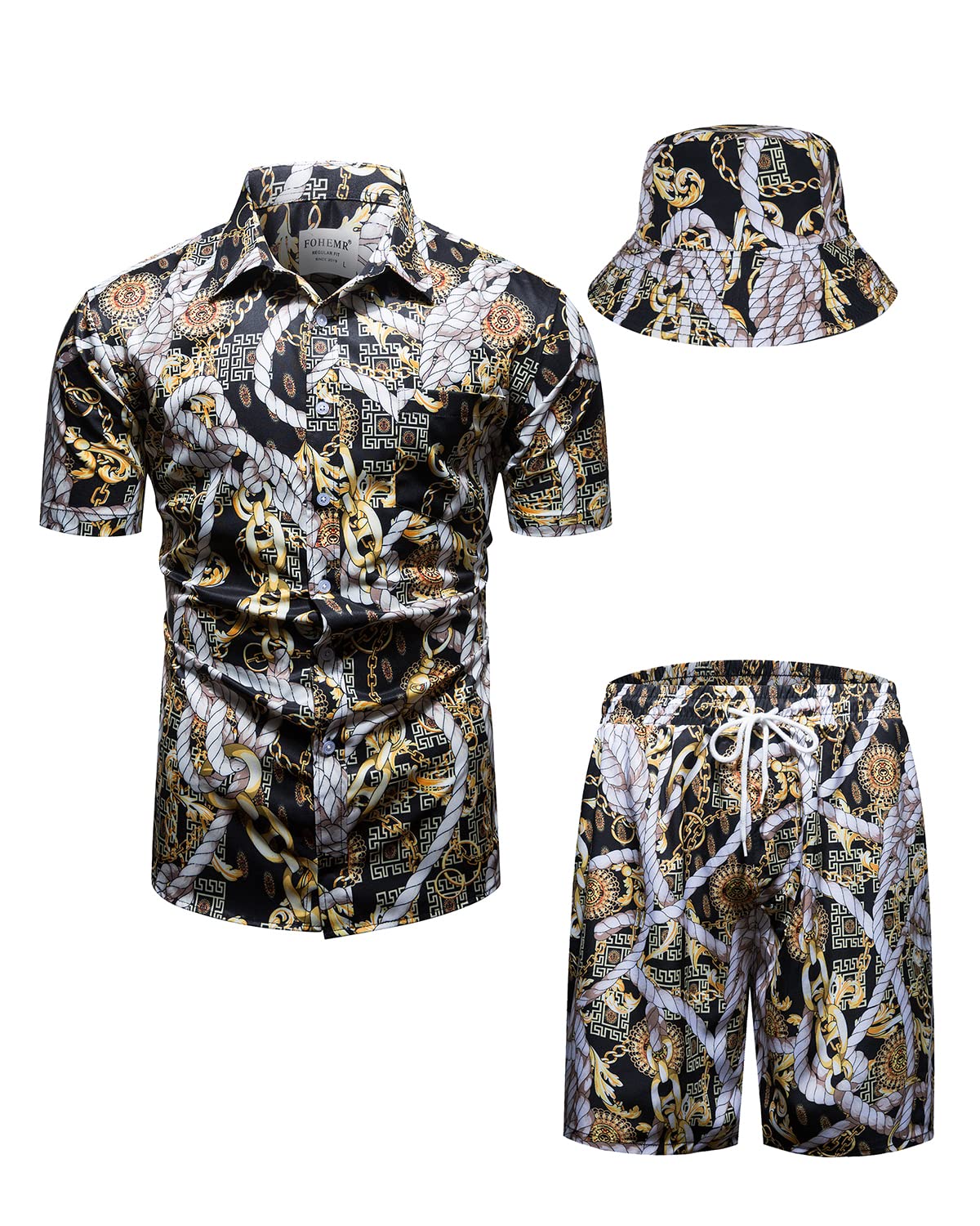 Mens Luxury Outfit Set Black Gold Shirts and Shorts 2 Piece Tracksuit Set Baroque Button Down Suit with Bucket Hats