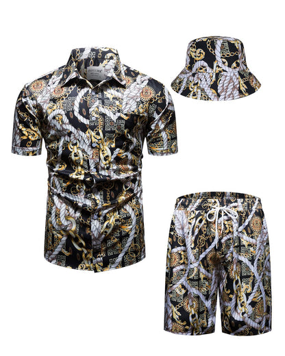 Mens Luxury Outfit Set Black Gold Shirts and Shorts 2 Piece Tracksuit Set Baroque Button Down Suit with Bucket Hats