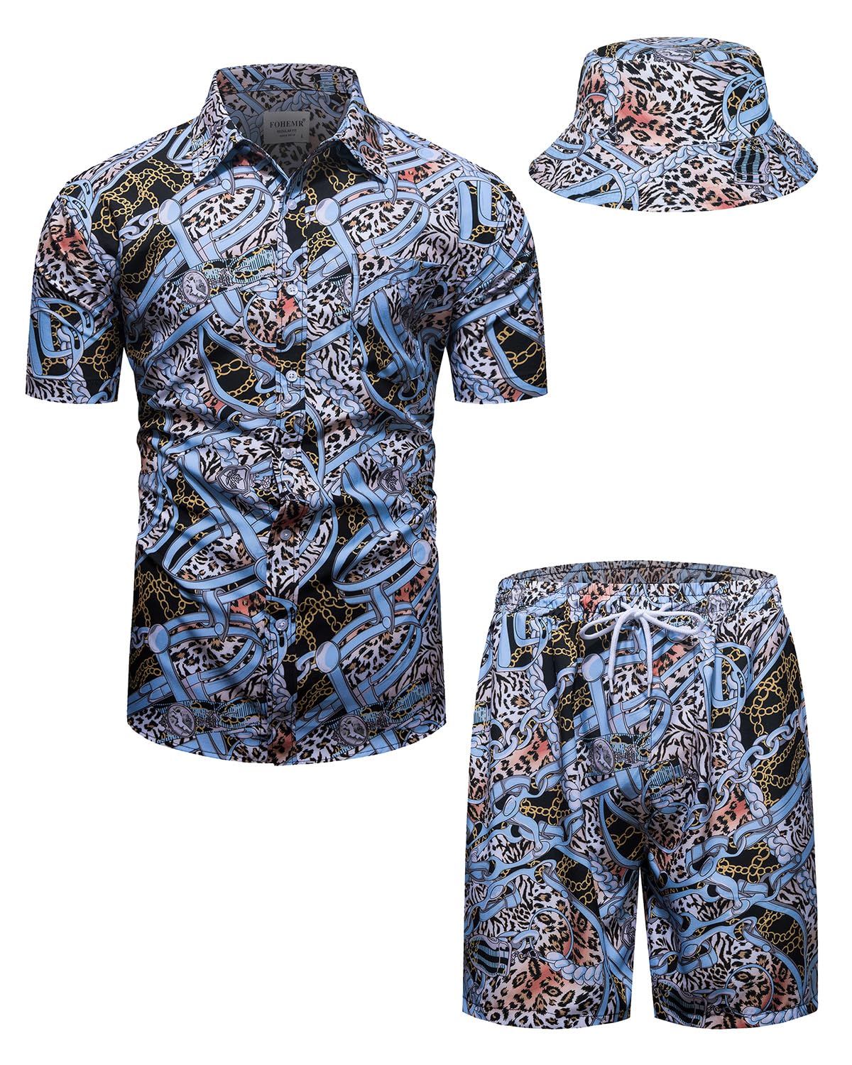 Mens Luxury Outfit Set Black Gold Shirts and Shorts 2 Piece Tracksuit Set Baroque Button Down Suit with Bucket Hats