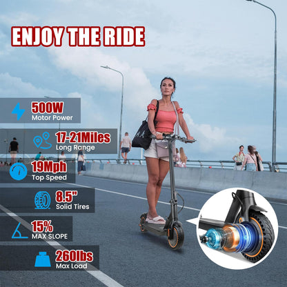 Electric Scooter, 500W Motor, Up to 17-20MPH &19-21 Miles, Commuter Escooter, Foldable E-Scooter for Adults with APP and Dual Braking System Escooter