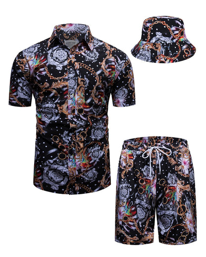 Mens Luxury Outfit Set Black Gold Shirts and Shorts 2 Piece Tracksuit Set Baroque Button Down Suit with Bucket Hats