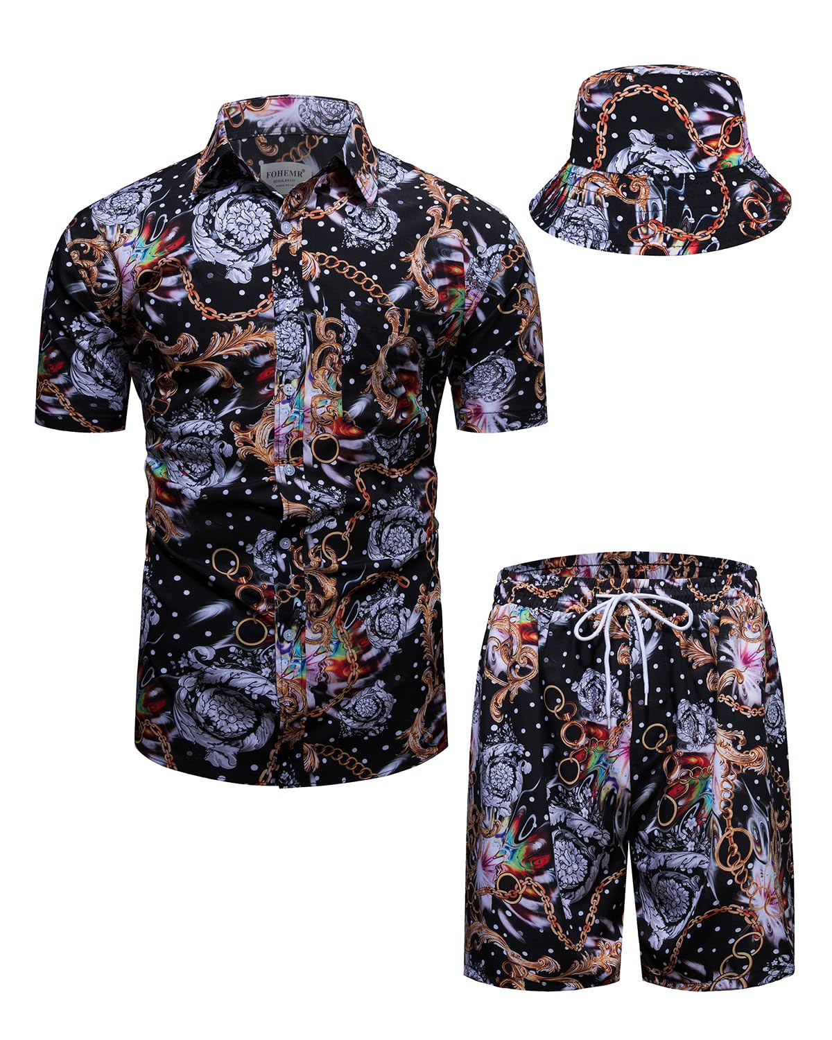 Mens Luxury Outfit Set Black Gold Shirts and Shorts 2 Piece Tracksuit Set Baroque Button Down Suit with Bucket Hats