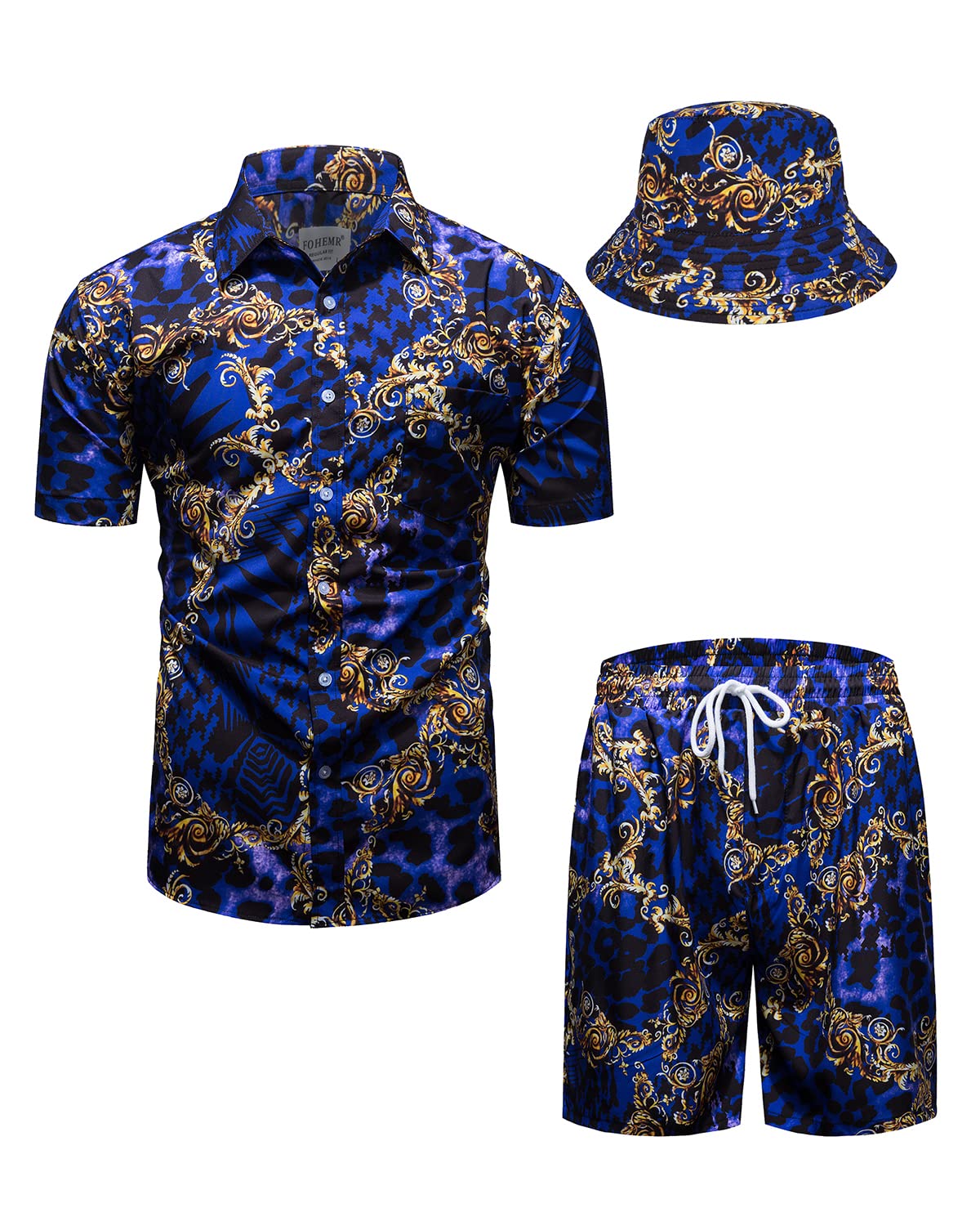 Mens Luxury Outfit Set Black Gold Shirts and Shorts 2 Piece Tracksuit Set Baroque Button Down Suit with Bucket Hats