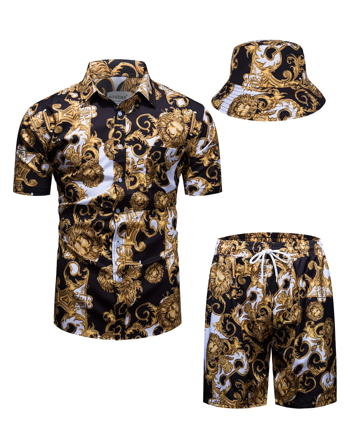 Mens Luxury Outfit Set Black Gold Shirts and Shorts 2 Piece Tracksuit Set Baroque Button Down Suit with Bucket Hats