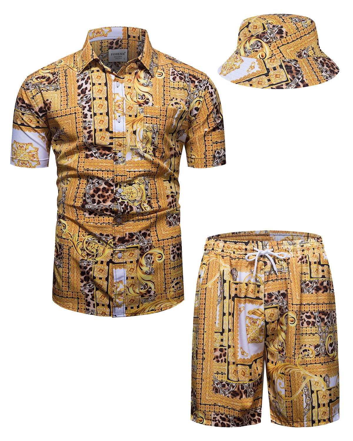 Mens Luxury Outfit Set Black Gold Shirts and Shorts 2 Piece Tracksuit Set Baroque Button Down Suit with Bucket Hats