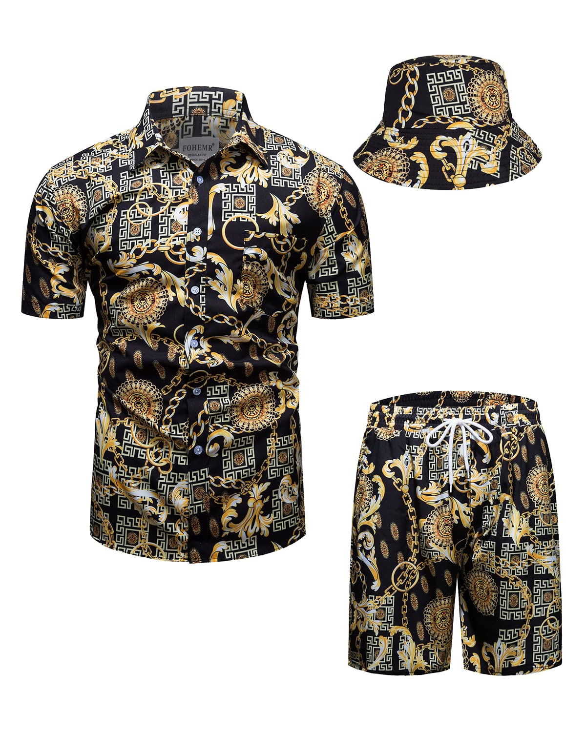 Mens Luxury Outfit Set Black Gold Shirts and Shorts 2 Piece Tracksuit Set Baroque Button Down Suit with Bucket Hats