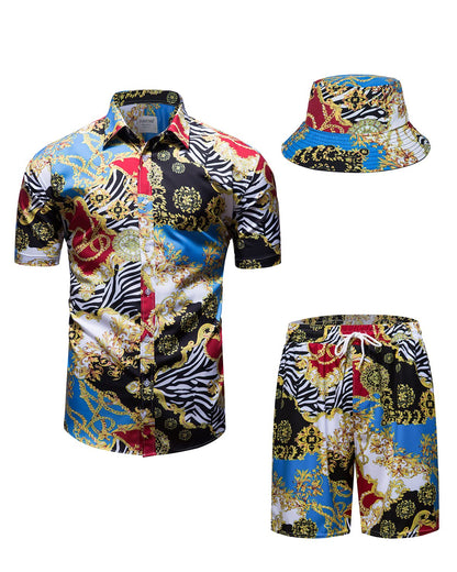 Mens Luxury Outfit Set Black Gold Shirts and Shorts 2 Piece Tracksuit Set Baroque Button Down Suit with Bucket Hats