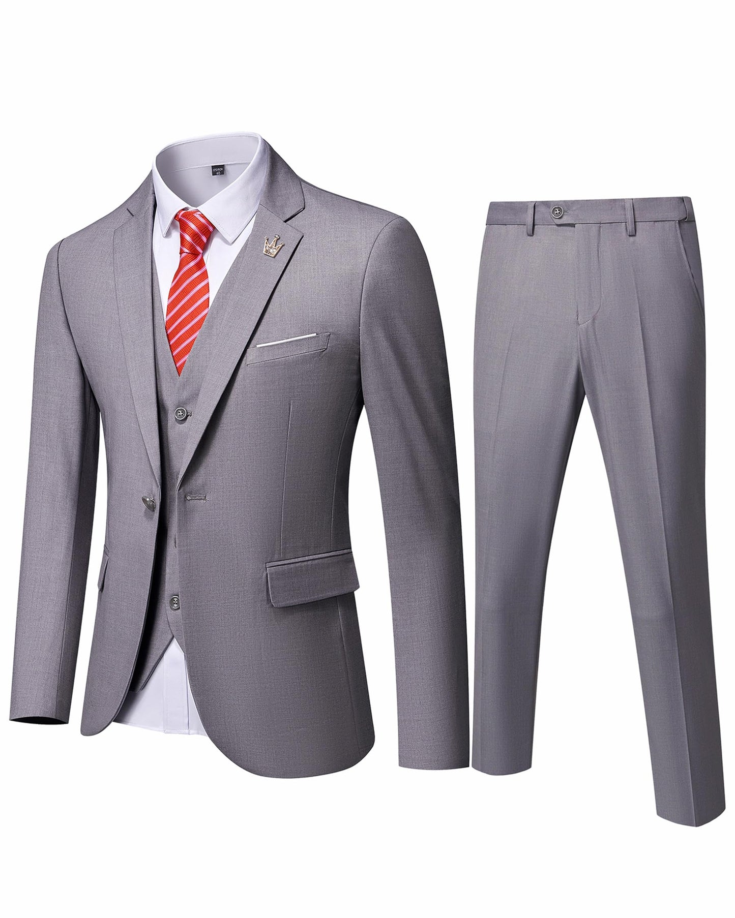 Hihawk Men's 3 Piece Suit with Stretch Fabric, Solid Slim Fit One Button Suit Blazer Set, Jacket Vest Pants with Tie.
