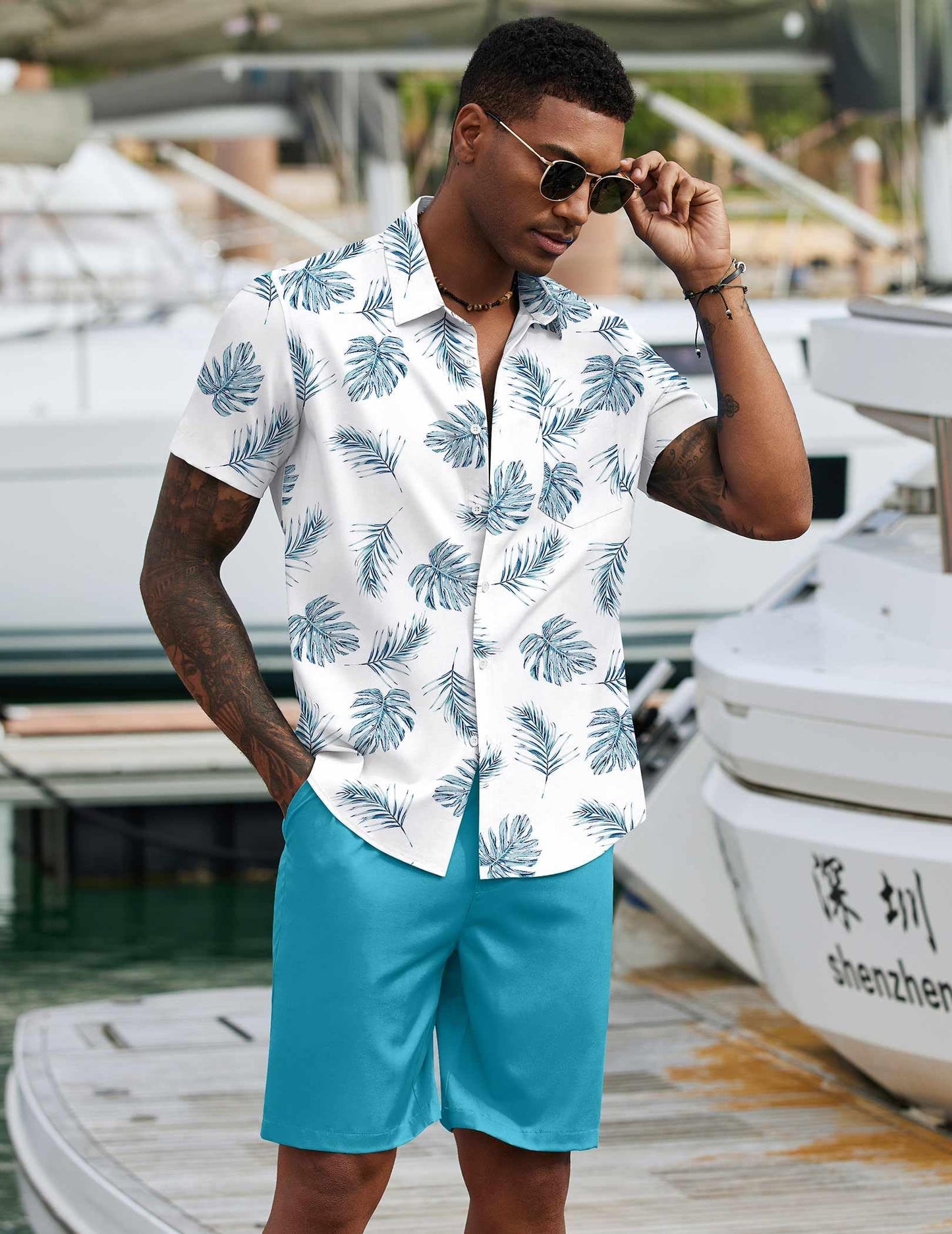 COOFANDY Men's 2 Piece Summer Beach Outfits Tropical Short Sleeve Button Down Shirts and Shorts Hawaiian Vacation Sets