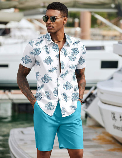 COOFANDY Men's 2 Piece Summer Beach Outfits Tropical Short Sleeve Button Down Shirts and Shorts Hawaiian Vacation Sets