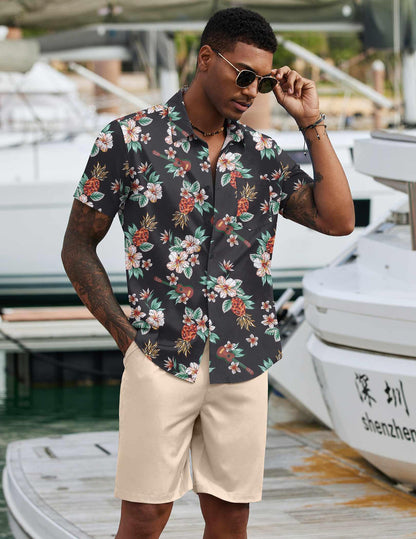 COOFANDY Men's 2 Piece Summer Beach Outfits Tropical Short Sleeve Button Down Shirts and Shorts Hawaiian Vacation Sets