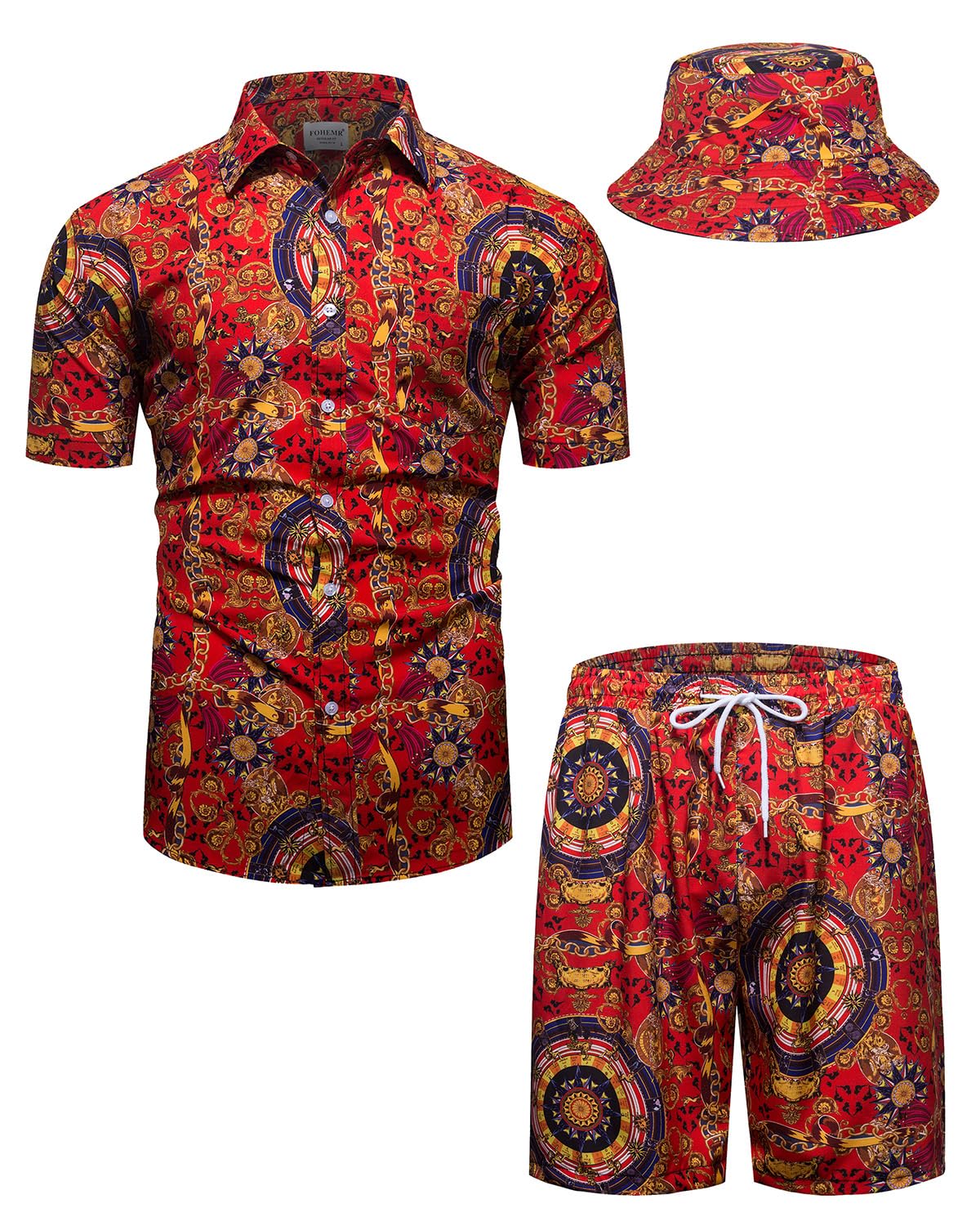 Mens Luxury Outfit Set Black Gold Shirts and Shorts 2 Piece Tracksuit Set Baroque Button Down Suit with Bucket Hats