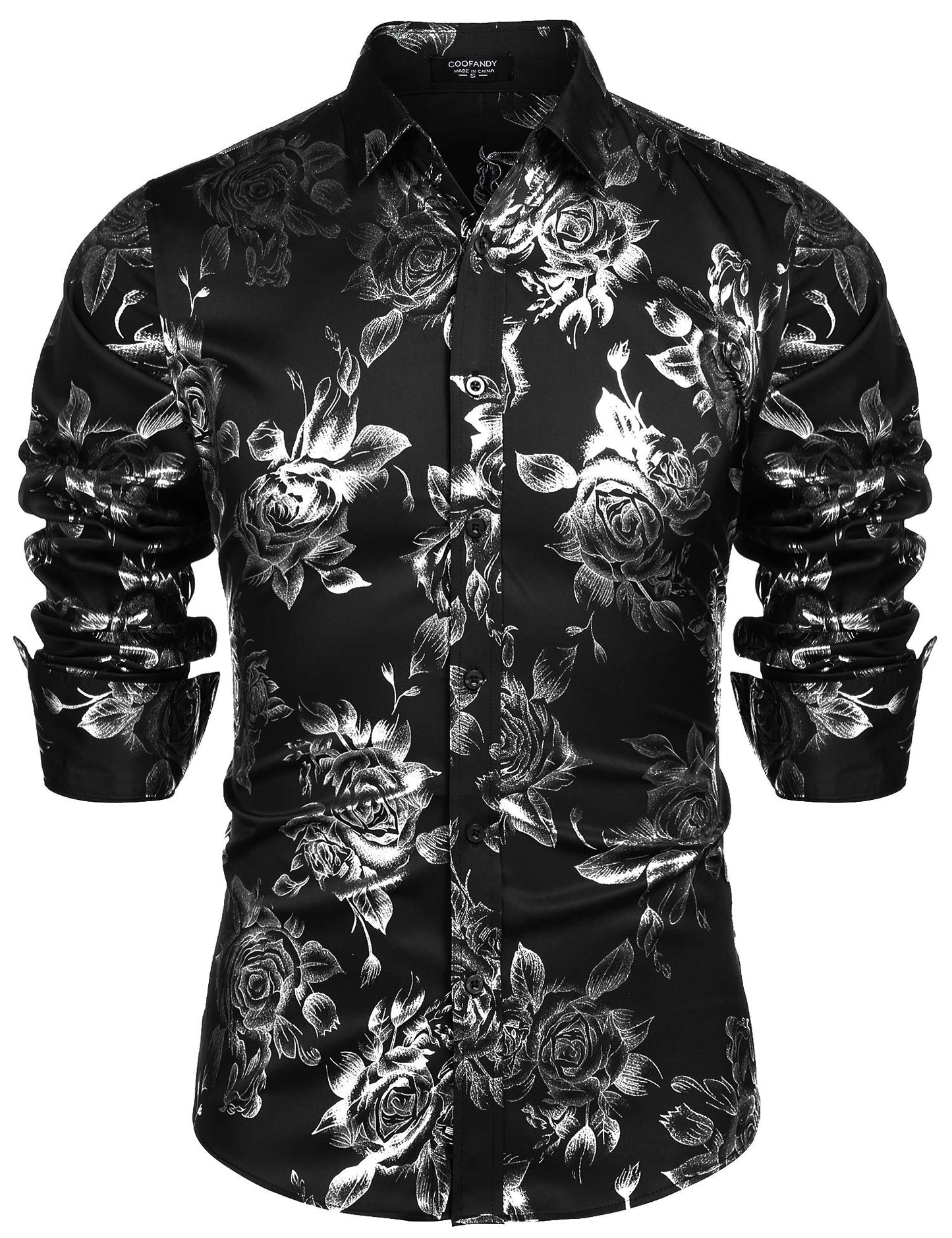 COOFANDY Men's Rose Shiny Shirt Luxury Flowered Printed Button Down Shirt